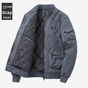 Detail of gray bomber jacket with diamond quilted lining and tactical sleeve pocket