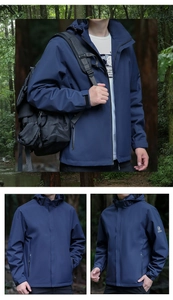 Detail of navy blue windbreaker featuring adjustable cuffs and hooded outdoor design