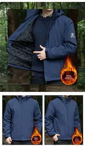 Detail of navy blue hooded jacket featuring thick fleece lining and quilted inner texture