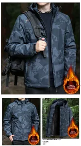 Detail view of dark grey geometric camo jacket with fleece lining and windproof velcro cuffs