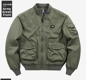 Detail of army green bomber jacket with FREE SPIRIT patch and utility pockets