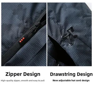 Detail of waterproof outdoor jacket showing smooth zipper and adjustable hood drawstrings