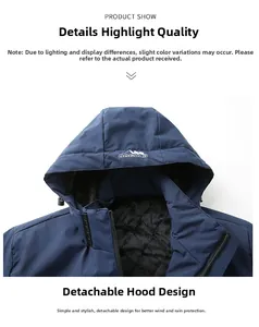 Detail of navy blue outdoor jacket featuring a detachable hood and adjustable drawstring