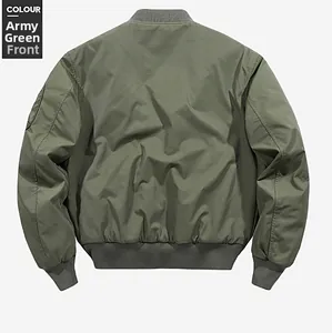Rear view of an army green bomber jacket with windproof fabric and ribbed hem detail