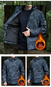 Detail view of premium camo hiking jacket featuring warm fleece lining and hood
