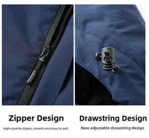 Detail of high-quality zipper and adjustable drawstring on blue outdoor windbreaker jacket