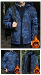 Detail of blue geometric camo jacket featuring warm fleece lining and detachable hood