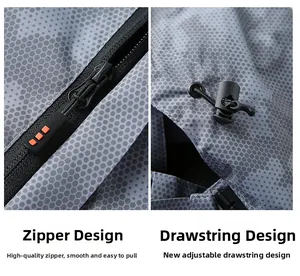 Detail of high-quality smooth zipper and adjustable drawstring on grey hooded jacket