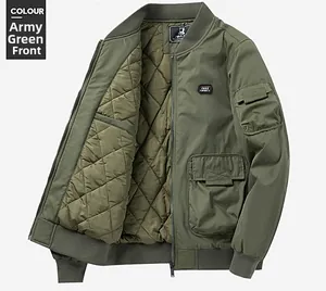 Army green bomber jacket detail showing quilted lining and utility sleeve pocket