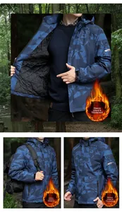Detail of blue camo outdoor jacket showing windproof hood and warm fleece lining