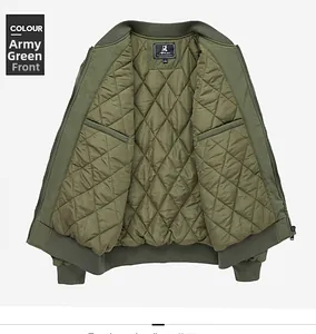 Army green bomber jacket interior with diamond quilted lining and inner pockets