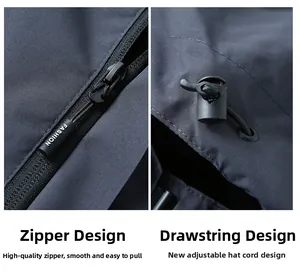 Detailed view of fashion zipper and adjustable hood drawstring on waterproof jacket