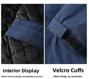 Detail of breathable mesh lining and adjustable velcro cuffs on navy windbreaker jacket