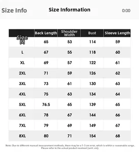 Detailed size guide table for men's jacket showing measurements from M to 8XL in CM