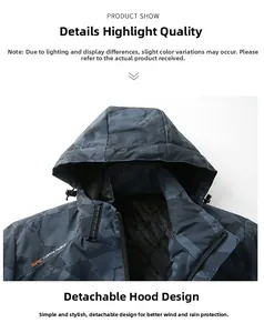 Detail of outdoor jacket showing detachable hood and camouflage texture on collar