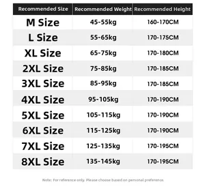 Size chart for men jacket from M to 8XL showing recommended height and weight measurements