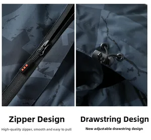 Detail of high-quality zipper with orange accents and adjustable hood drawstring system