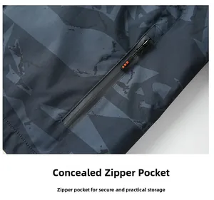 Detailed close-up of a hidden zipper pocket on a camo outdoor jacket with orange accents