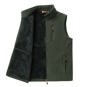 Men's winter fleece vest in dark green with warm lamb velvet lining and zip pockets