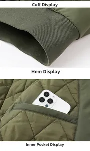 Detailed views of ribbed cuffs, hem, and diamond quilted lining with internal pocket