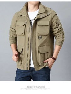 Detailaufnahme der khakifarbenen Winterjacke mit Utilitar-Taschen und Klettverschluss