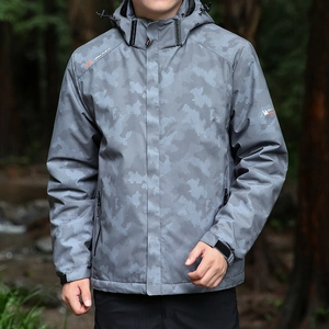 Men's waterproof hooded outdoor jacket with gray digital camouflage pattern and functional pockets