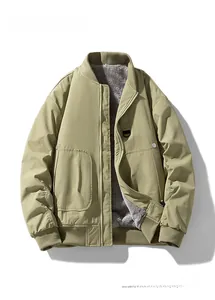 Detail showing olive green baseball jacket with thick grey fleece lining and zipper