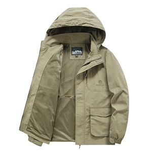 Men's outdoor hooded jacket in khaki with breathable mesh lining and windproof fabric