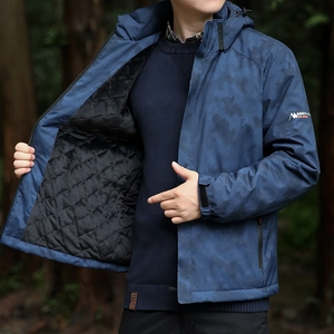 Men's waterproof outdoor jacket in dark blue camouflage with warm fleece lining and hood