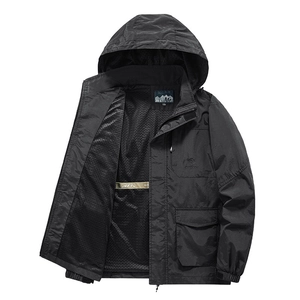 Men's black windproof hooded outdoor jacket with mesh lining and mountain graphic logo