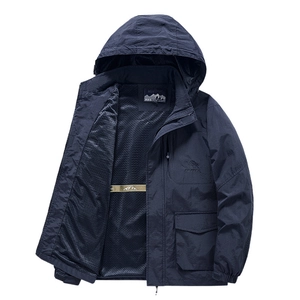 Deep blue windproof outdoor jacket with adjustable hood and mesh lining for men