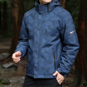 Men's blue camouflage outdoor waterproof hooded jacket with adjustable cuffs for hiking