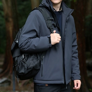 Men's minimalist outdoor windproof hooded jacket in dark grey with a matching backpack