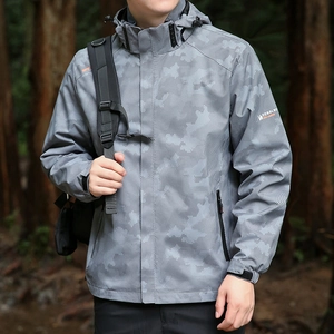 Men's grey camo hooded windbreaker jacket for outdoor hiking and casual spring wear