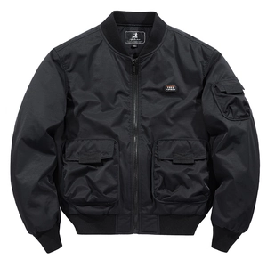 Men's loose black MA-1 flight bomber jacket with baseball collar and Free Spirit patch