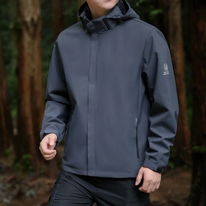 Mens dark grey windproof outdoor hooded jacket with tactical functional style