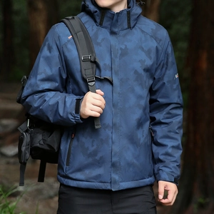 Blue camouflage waterproof outdoor jacket for men with adjustable hood and functional pockets