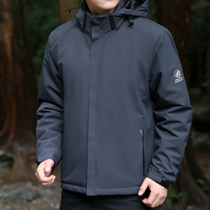 Men's outdoor windproof hooded jacket in charcoal grey with minimalist urban style