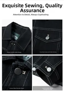 Detailed views of denim jacket showing collar, chest pockets, metal buttons, and cuffs