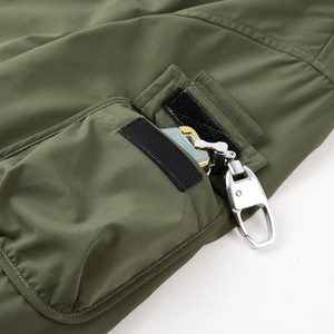 Army green flight jacket for men featuring a tactical cargo pocket and heavy duty material