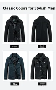 Men's denim jacket assortment in black and blue showing front and back views with classic lapel