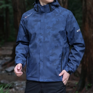 Men's hooded softshell jacket with navy blue camouflage pattern for outdoor hiking activities