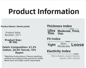 Men's denim jacket fabric composition and size chart from M to 5XL with cotton blend details