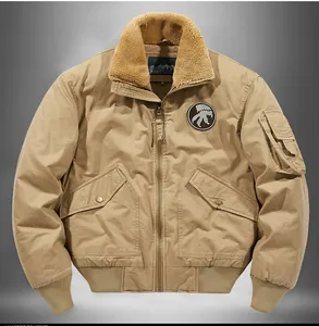 Detailed view of winter khaki jacket with soft sherpa collar and utility pockets