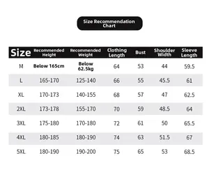 Detailed size chart guide for men's denim jacket from M to 5XL with measurements