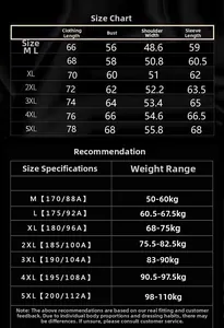 Size chart for men corduroy jacket with measurements from M to 5XL for perfect fit