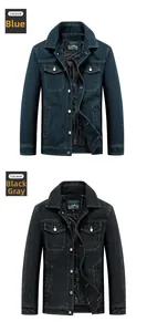 Detail of blue and dark grey denim jackets featuring a unique vintage map lining pattern