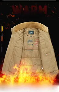 Detail view of khaki cotton work jacket with lamb wool lining and 1961 interior print