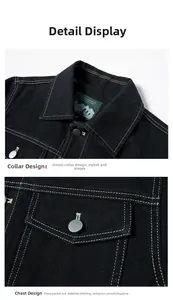 Detail of black denim jacket showing contrast white stitching and metal buttons
