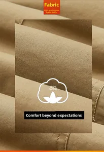 Macro detail of the premium 100% cotton twill fabric with soft khaki textured finish